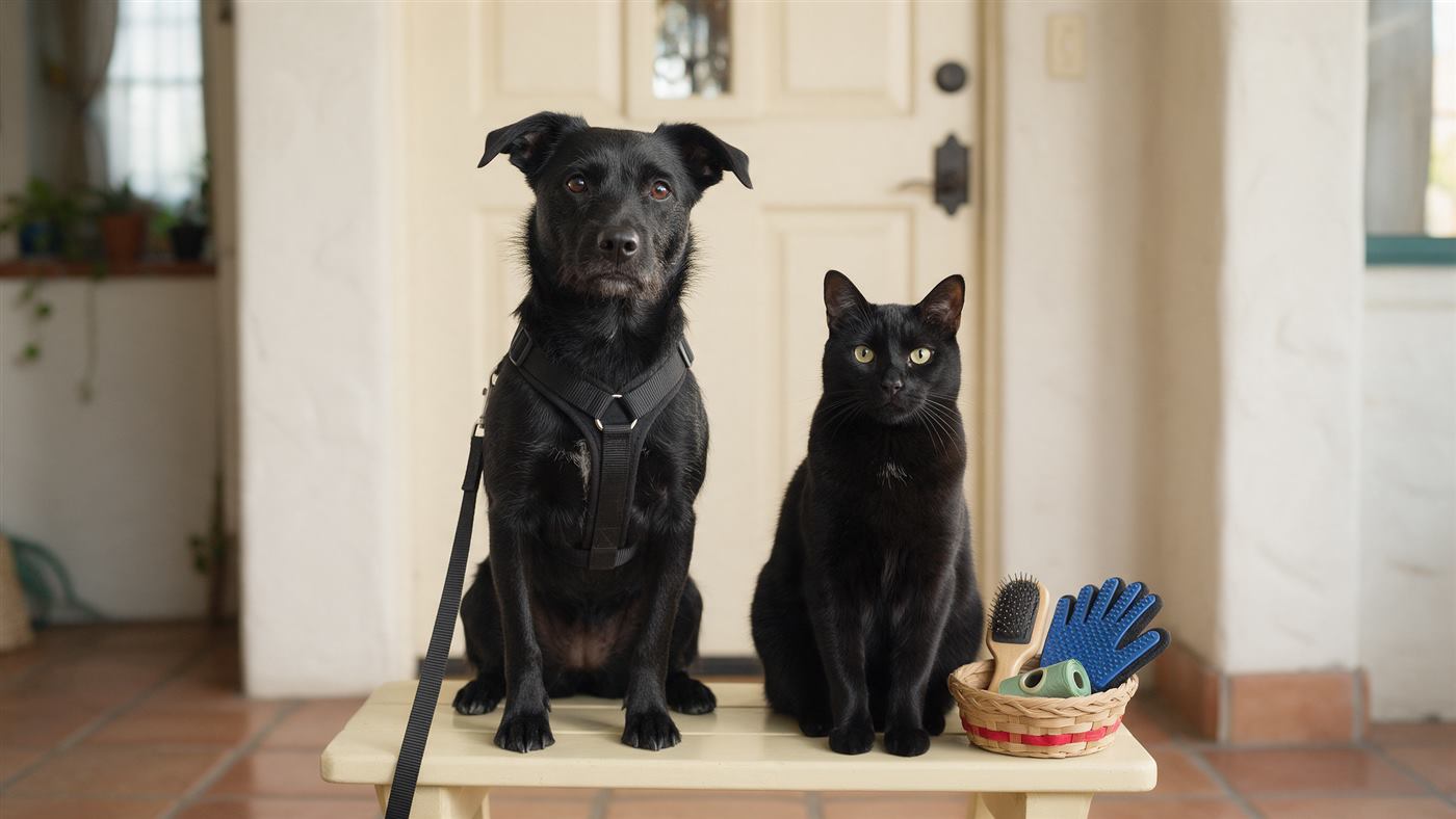 Perro negro y gato negro sentados juntos en una banca junto a la puerta
