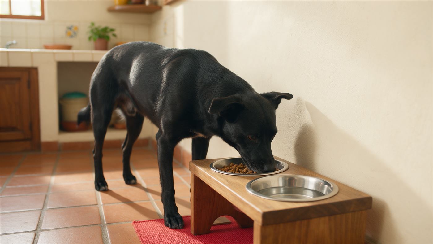 Perro negro comiendo de un plato de acero en una base de madera