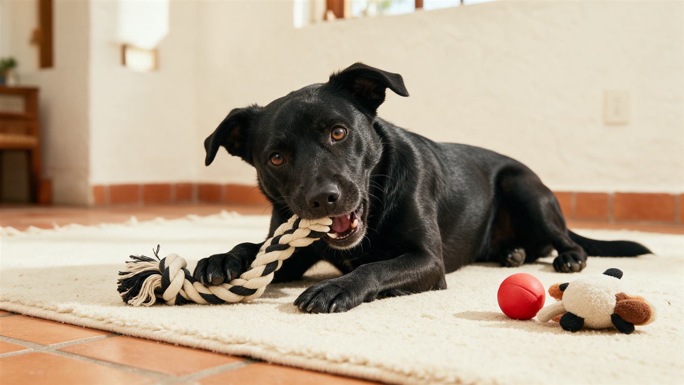 Perro negro mordiendo una cuerda de juguete sobre un tapete crema