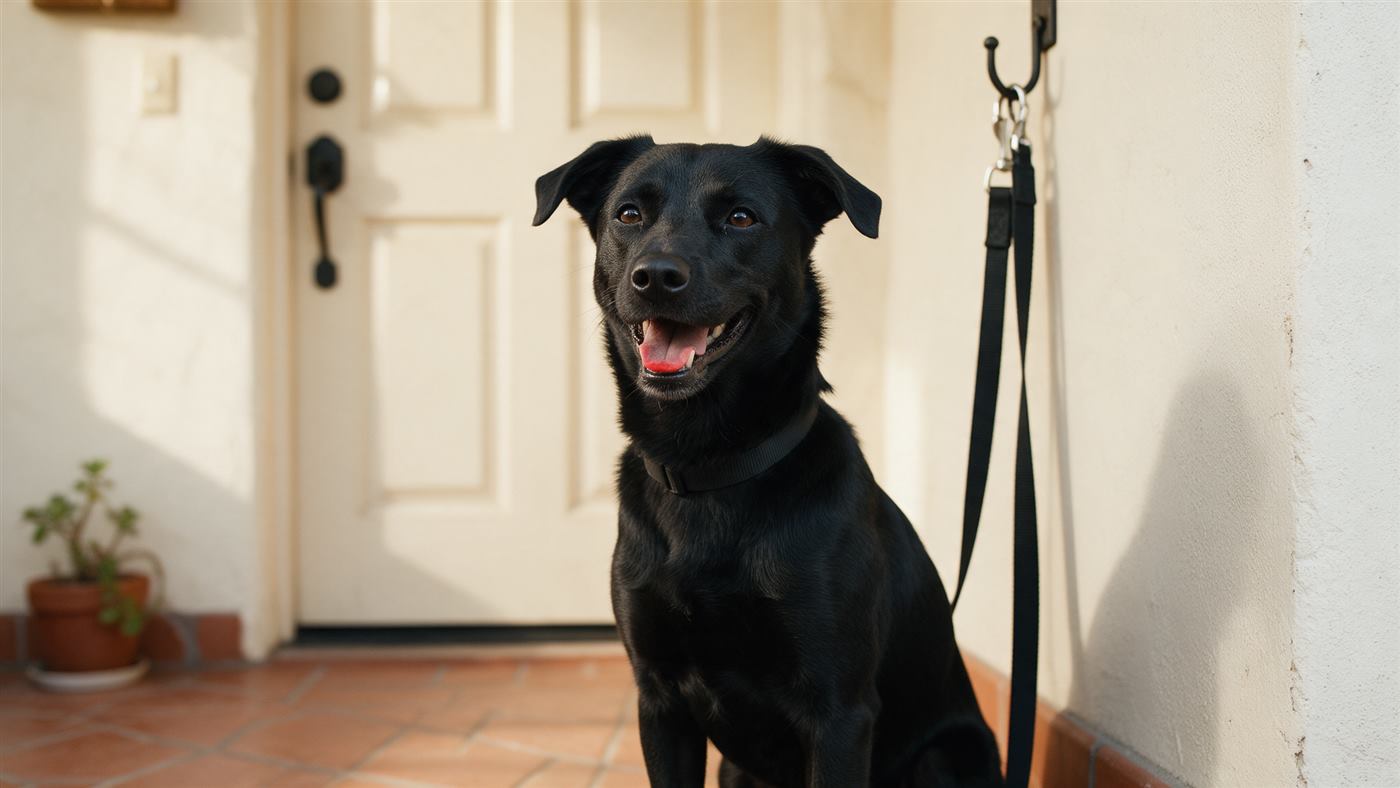 Perro negro sonriente junto a la puerta, con collar y correa negros