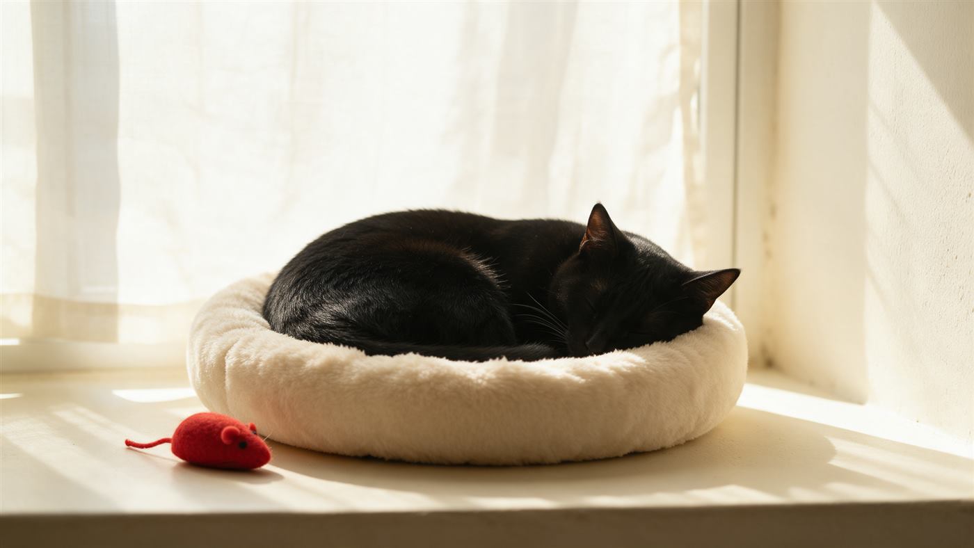 Gato negro dormido en una cama redonda crema junto a la ventana