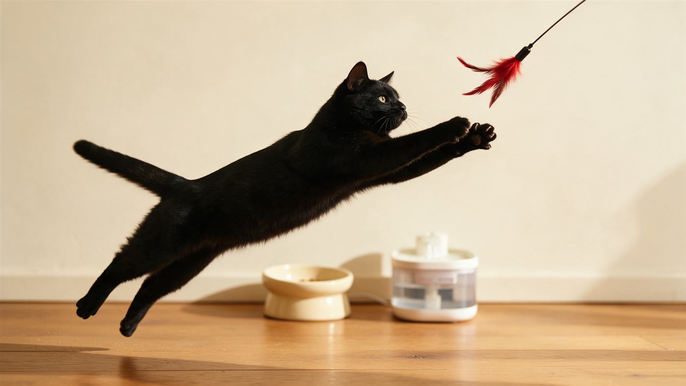 Gato negro saltando hacia una varita de plumas rojas