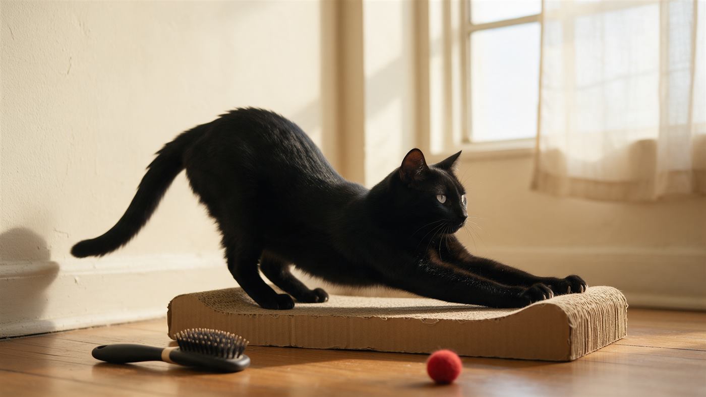 Gato negro estirándose sobre un rascador de cartón