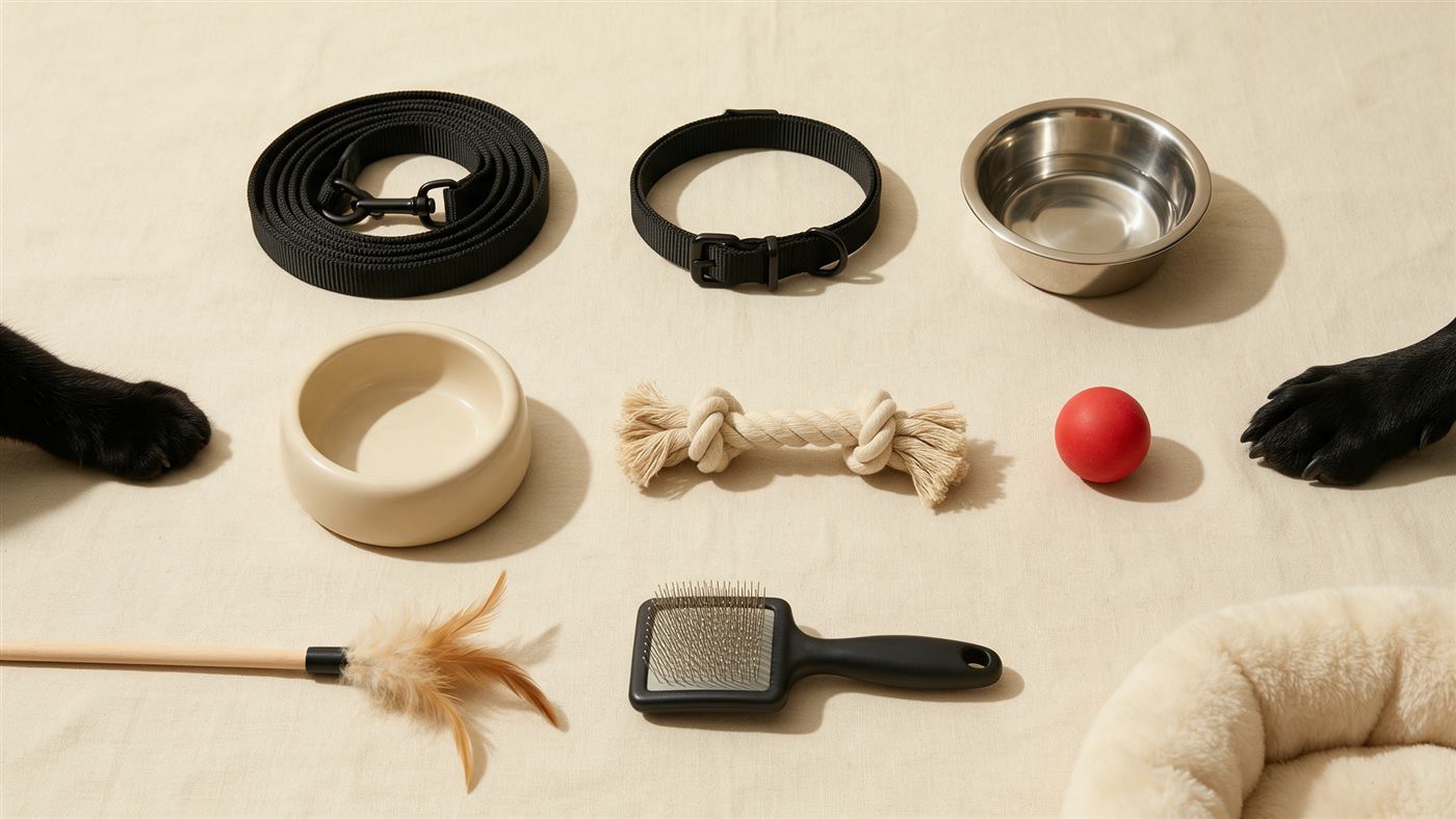 Correa, collar, platos, juguetes, cepillo y cama sobre fondo crema, con una pata de perro y una de gato