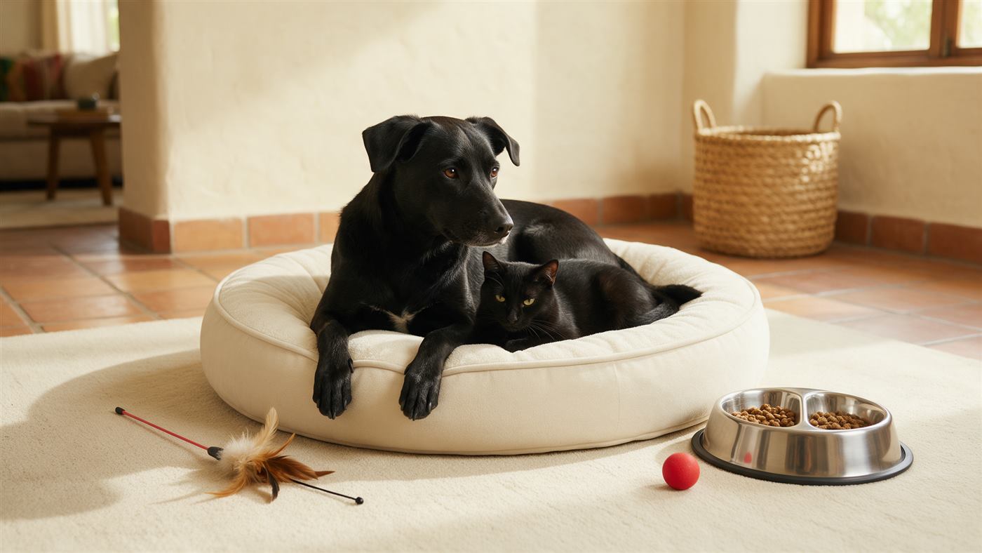 Un perro negro y un gato negro descansan juntos en una cama redonda color crema, junto a un comedero doble de acero, una varita de plumas y una pelota roja